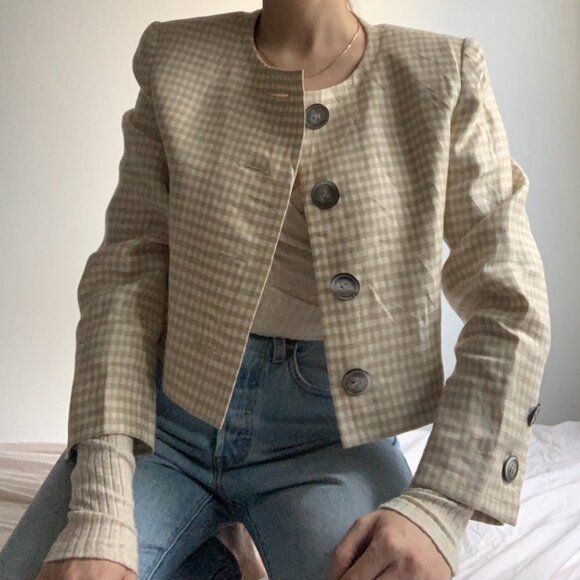 Vintage Givenchy Beige & Sand Gingham Cropped Jacket - Picture 2 of 13